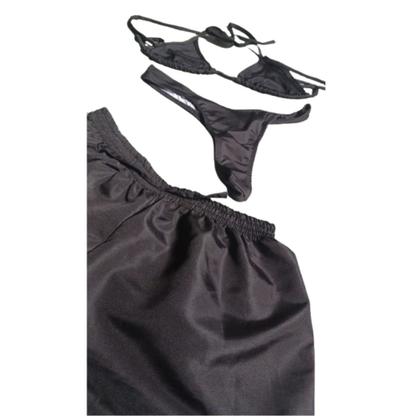 Imagem de Biquíni Cortininha Fio Dental Marquinha Sem Bojo com Shorts Tactel Preto