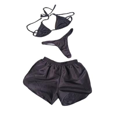 Imagem de Biquíni Cortininha Fio Dental Marquinha Sem Bojo com Shorts Tactel Preto