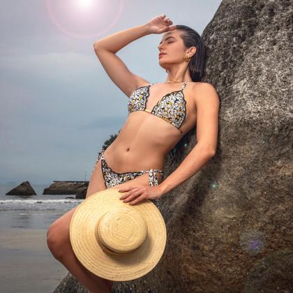 Imagem de Biquini Cortininha Ripple Estampa Margarida Flores Proteçao UV Calcinha de Amarrar Poliamida Lycra