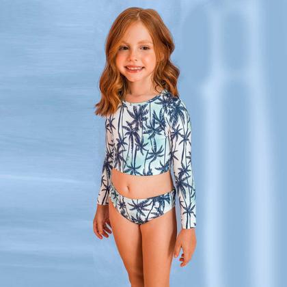 Imagem de Biquini Cropped Menina Verão Praia Infantil com Proteção UV Azul Coqueiro  Quimby