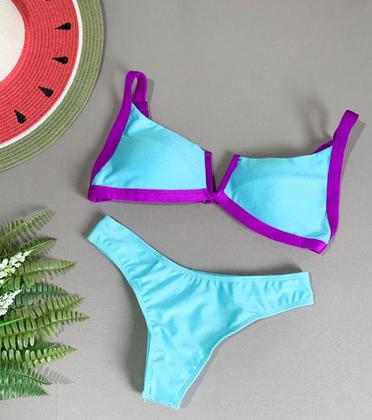 Imagem de Biquíni Decote Aro em V Com Bojo Lisos Calcinha Semi Fio