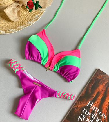 Imagem de Biquíni Feminino Cortininha Com Bojo Calcinha Fio Duplo e Laterais com Tiras Trançadas