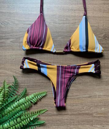 Imagem de Biquíni Feminino Cortininha Com Bojo Dupla Face com Calcinha Fio e Dental e 3 Tiras Laterais
