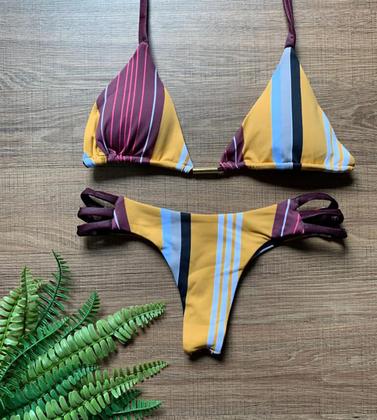 Imagem de Biquíni Feminino Cortininha Com Bojo Dupla Face com Calcinha Fio e Dental e 3 Tiras Laterais