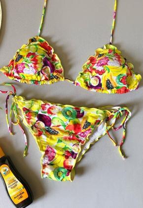 Imagem de Biquíni Feminino Cortininha Com Bojo Estampado Calcinha Levanta Bumbum e Amarra Lateral