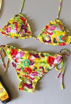 Imagem de Biquíni Feminino Cortininha Com Bojo Estampado Calcinha Levanta Bumbum e Amarra Lateral