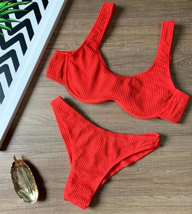 Imagem de Biquíni Feminino Sutiã Aro Sem Bojo Calcinha Fio Duplo Asa Delta Texturizado