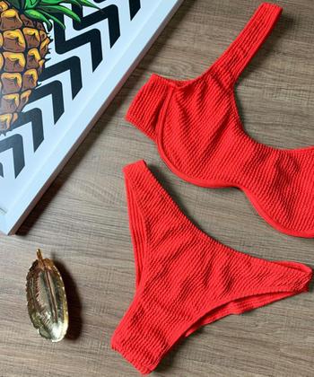 Imagem de Biquíni Feminino Sutiã Aro Sem Bojo Calcinha Fio Duplo Asa Delta Texturizado