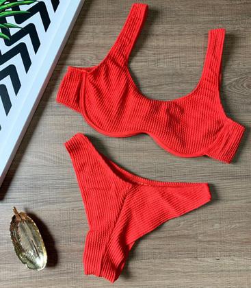 Imagem de Biquíni Feminino Sutiã Aro Sem Bojo Calcinha Fio Duplo Asa Delta Texturizado