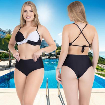 Imagem de Biquíni Feminino Transpassado Flor Bicolor Calcinha Cós Alto