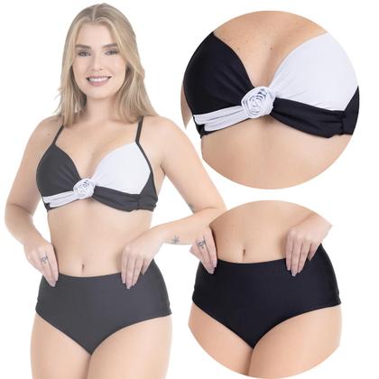 Imagem de Biquíni Feminino Transpassado Flor Bicolor Calcinha Cós Alto