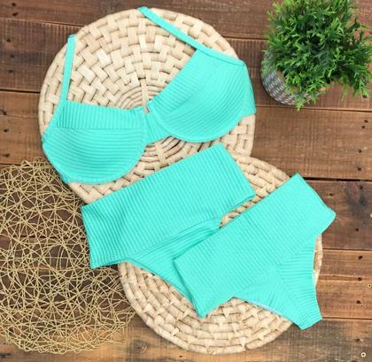 Imagem de Biquíni Hot Pants Faixa Meia Taça Retrô Com Bojo Canelado Mônaco Verde Água