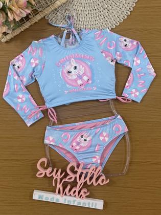 Imagem de Biquíni Infantil Cinti Verão com Blusa Manga Longa Azul Unicórnio