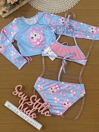 Imagem de Biquíni Infantil Cinti Verão com Blusa Manga Longa Azul Unicórnio