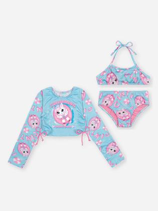 Imagem de Biquíni Infantil Cinti Verão com Blusa Manga Longa Azul Unicórnio