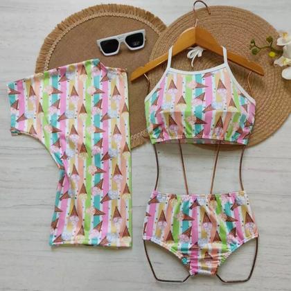 Imagem de Biquini Infantil Cintura Alta Saída De Praia Kimono Blogueirinha Varias Estampas