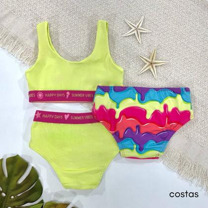 Imagem de Biquíni Liso+Calcinha Estampada Menina Proteção Uv Infantil