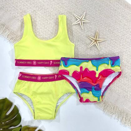 Imagem de Biquíni Liso+Calcinha Estampada Menina Proteção Uv Infantil
