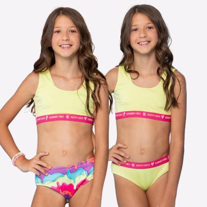 Imagem de Biquíni Liso+Calcinha Estampada Menina Proteção Uv Infantil