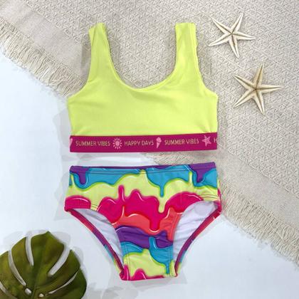 Imagem de Biquíni Liso+Calcinha Estampada Menina Proteção Uv Infantil