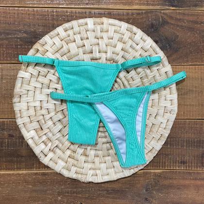 Imagem de Biquíni Marquinha de Fita Canelado Verde Água Com Bojo Calcinha Fio Dental