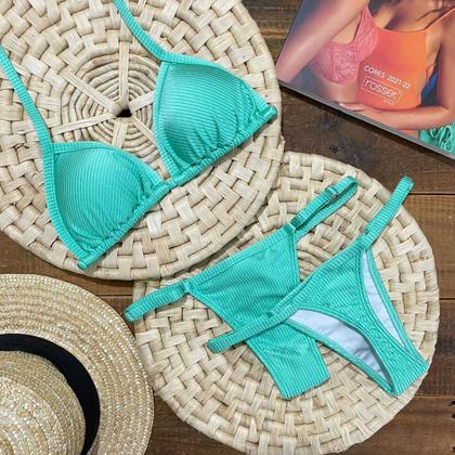 Imagem de Biquíni Marquinha de Fita Canelado Verde Água Com Bojo Calcinha Fio Dental