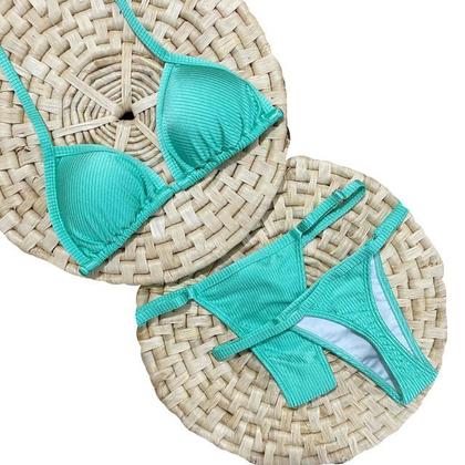 Imagem de Biquíni Marquinha de Fita Canelado Verde Água Com Bojo Calcinha Fio Dental