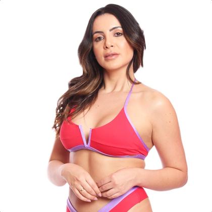 Imagem de Biquíni Meia Taça Cortininha Praia Aviador Feminino Bojo Fio Dental Banho Aro V Textura Asa Delta Duplo Cintura Alta