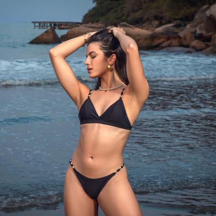 Imagem de Biquini Top Triangulo Cortininha Poliamida Elastano Alça Fina Com Ajuste Calcinha Fita Fio Bronze