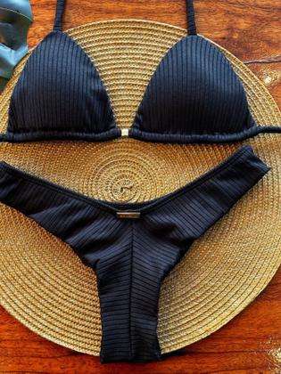 Imagem de  Biquini Triangulo Cortininha Texturizado Canelado Com Bojo Aro Calcinha Fio Duplo Semi Fio Conjunto Asa Delta Moda Praia Verão