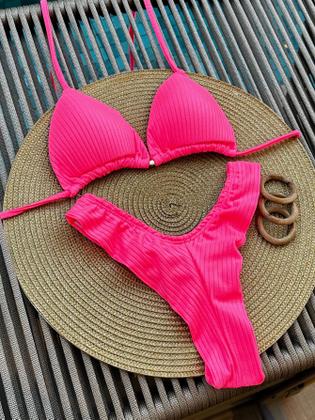 Imagem de  Biquini Triangulo Cortininha Texturizado Canelado Com Bojo Aro Calcinha Fio Duplo Semi Fio Conjunto Asa Delta Moda Praia Verão