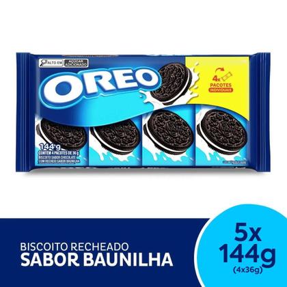Imagem de Biscoito Oreo Recheado Baunilha Kit 5 packs de 144g  4x36g