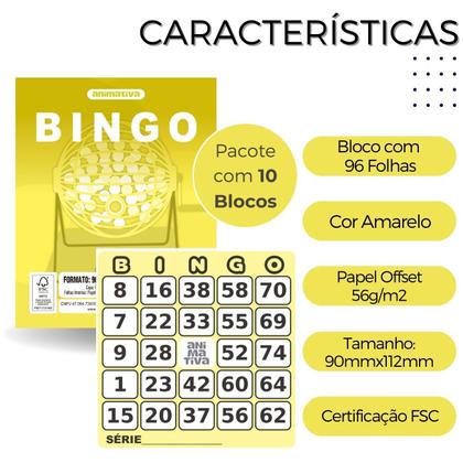 Imagem de Bloco Cartela para Bingo 96 folhas Cor Amarelo Pacote com 10 Blocos - Animativa