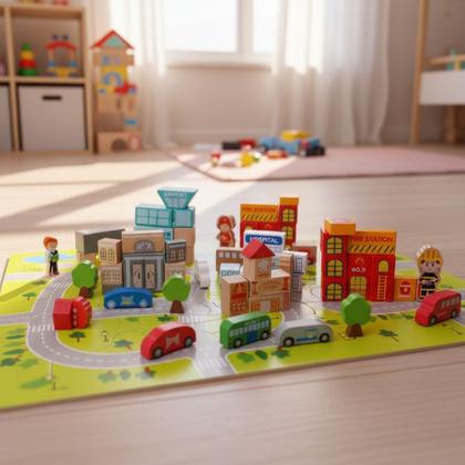 Imagem de Bloco Construção Em Madeira Balde 140 Peça Montessori Cidade