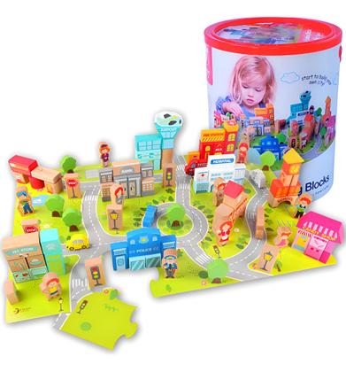 Imagem de Bloco Construção Em Madeira Balde 140 Peça Montessori Cidade