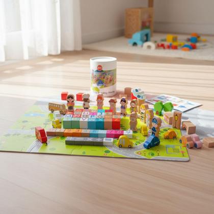 Imagem de Bloco Construção Em Madeira Balde 140 Peça Montessori Cidade