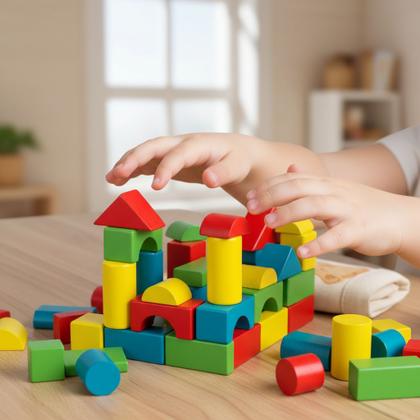 Imagem de Bloco De Construção Em Madeira Balde 50 Peças Montessori