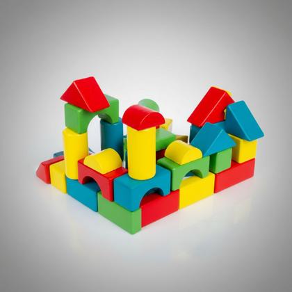 Imagem de Bloco De Construção Em Madeira Balde 50 Peças Montessori