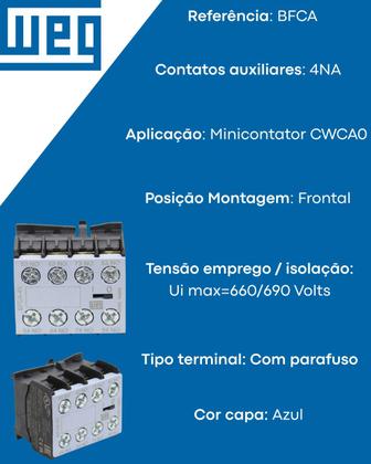 Imagem de Bloco de Contato Auxiliar AZ Para Mini Contator CWCA0 Frontal 4NA BFCA-40 Weg