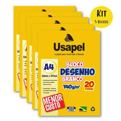 Imagem de Bloco de Desenho A4 Kit 5 Blocos 20 folhas Gramatura 140g Branco Ideal Desenho Pintura Colagem Artes Escolar Infantil