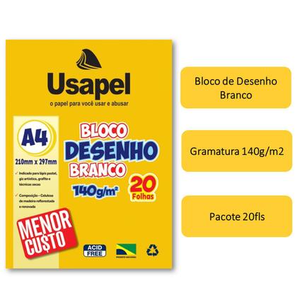 Imagem de Bloco de Desenho A4 Kit 5 Blocos 20 folhas Gramatura 140g Branco Ideal Desenho Pintura Colagem Artes Escolar Infantil