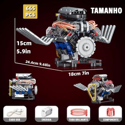Imagem de Bloco de Montar de Encaixe Motor V8 665 peças USB Controle via APP Decoração Brinquedo Educativo Infantil Adolescente Adulto Conjunto de Construção