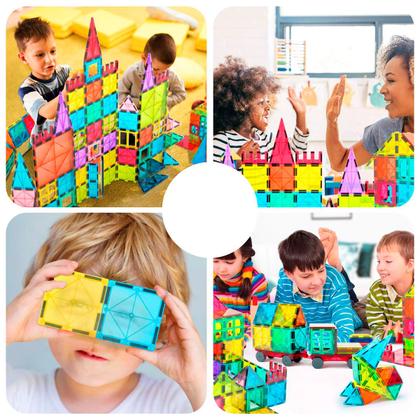 Imagem de Bloco de Montar Magnético Infantil Brinquedo Educativo Kit Criativo 65 ou 130 Peças Grandes Encaixe Imã
