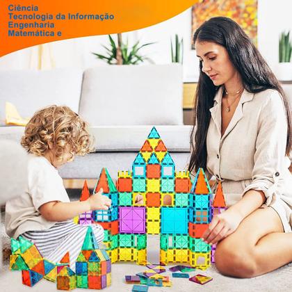 Imagem de Bloco de Montar Magnético Infantil Brinquedo Educativo Kit Criativo 65 ou 130 Peças Grandes Encaixe Imã