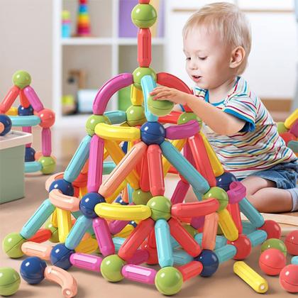 Imagem de Bloco de Montar Magnético Infantil Brinquedo Educativo Kit Criativo Peças Grandes Encaixe Imã 64 ou 120 Peças com Bolsa de Armazenamento