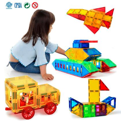 Imagem de Bloco de Montar Magnético Infantil Brinquedo Educativo Kit Criativo Peças Grandes Encaixe Imã 65 ou 130 peças