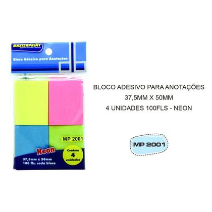 Imagem de Bloco de Notas Adesivas 4 Cores Neon 37.5x50mm com 4 Blocos de 100 Folhas cada Masterprint MP2001