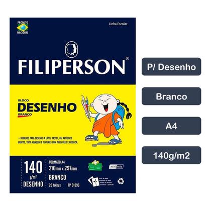 Imagem de Bloco Papel para Desenho A4 100 Folhas Branco Filiperson Escolar Ideal para Pintura Artística Desenhos Lápis Grafite Giz