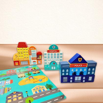 Imagem de Blocos de Construcao Minha Cidade em Madeira para Montar com 140 Pecas Yins Kids Brinquedo Recreativo Didatico