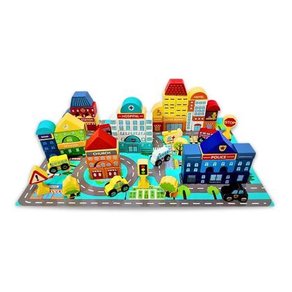 Imagem de Blocos de Construcao Minha Cidade em Madeira para Montar com 140 Pecas Yins Kids Brinquedo Recreativo Didatico